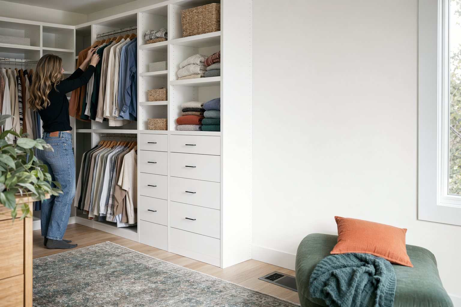 A bright, organized custom walk-in closet system on a clean white wall